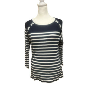 Lauren Ralph Size Medium Lauren‎ Navy Blue Striped Ribbed Blouse